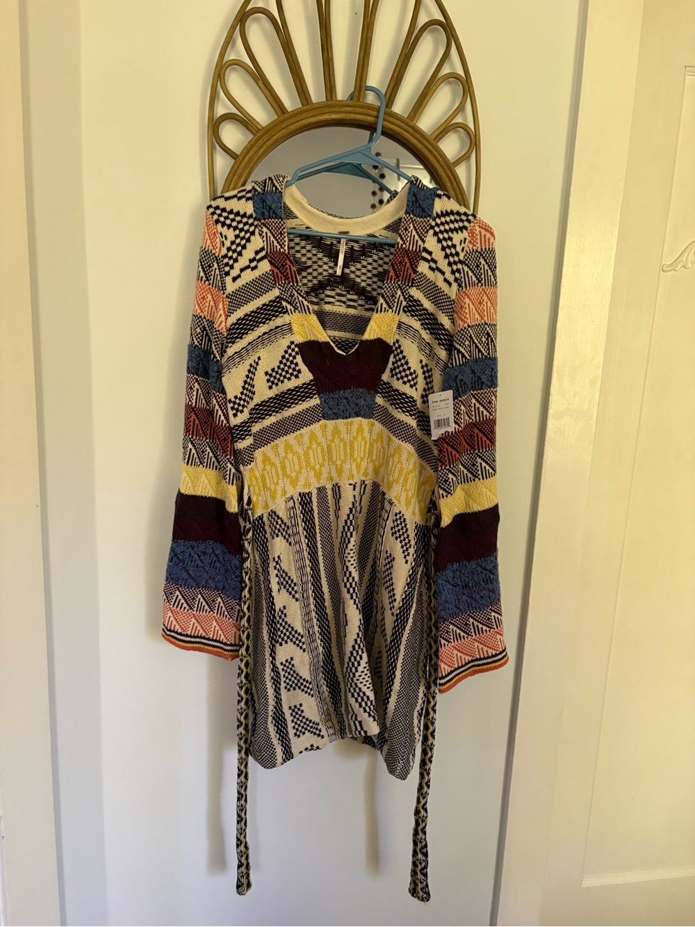 Free People Boho Multicolor Knit V-Neck Tunic Sweater Dress